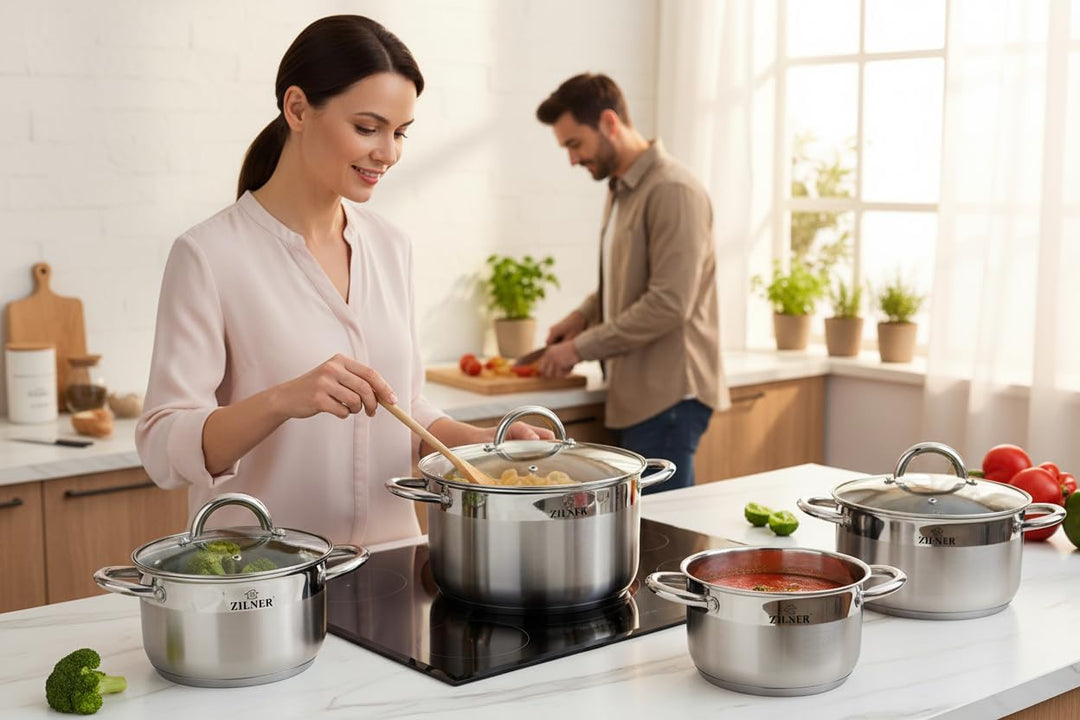Zilner Topfset - Kochtopf Set 12-teilig - Edelstahl - mit Glasdeckeln - für alle Herdarten - Silber