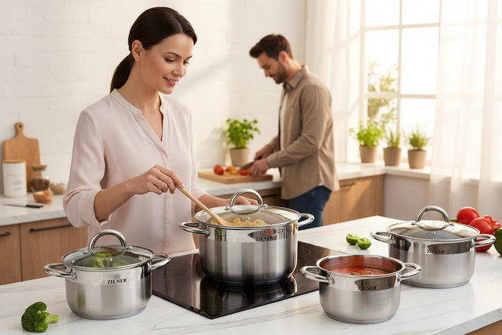 Zilner Topfset - Kochtopf Set 12-teilig - Edelstahl - mit Glasdeckeln - für alle Herdarten - Silber