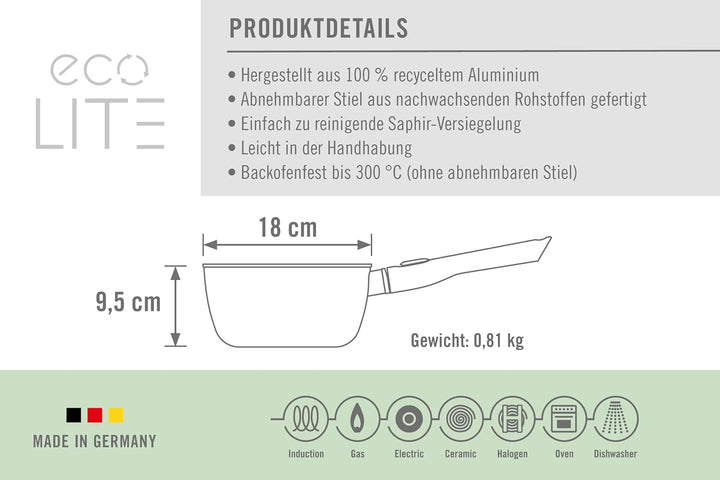 Woll Eco Lite Stieltopf - Induktiv -, Ø 18 cm, 9.5 cm hoch, 2 Liter, mit abnehmbarem Stiel - Geeigne