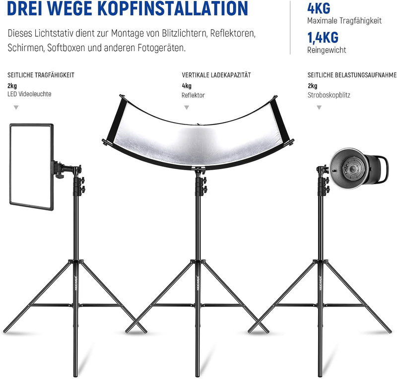 NEEWER 2,2m Lichtstativ, Luftgepolstertes Heavy Duty Metallstativ für Ringlicht Fotografie Lampen mi