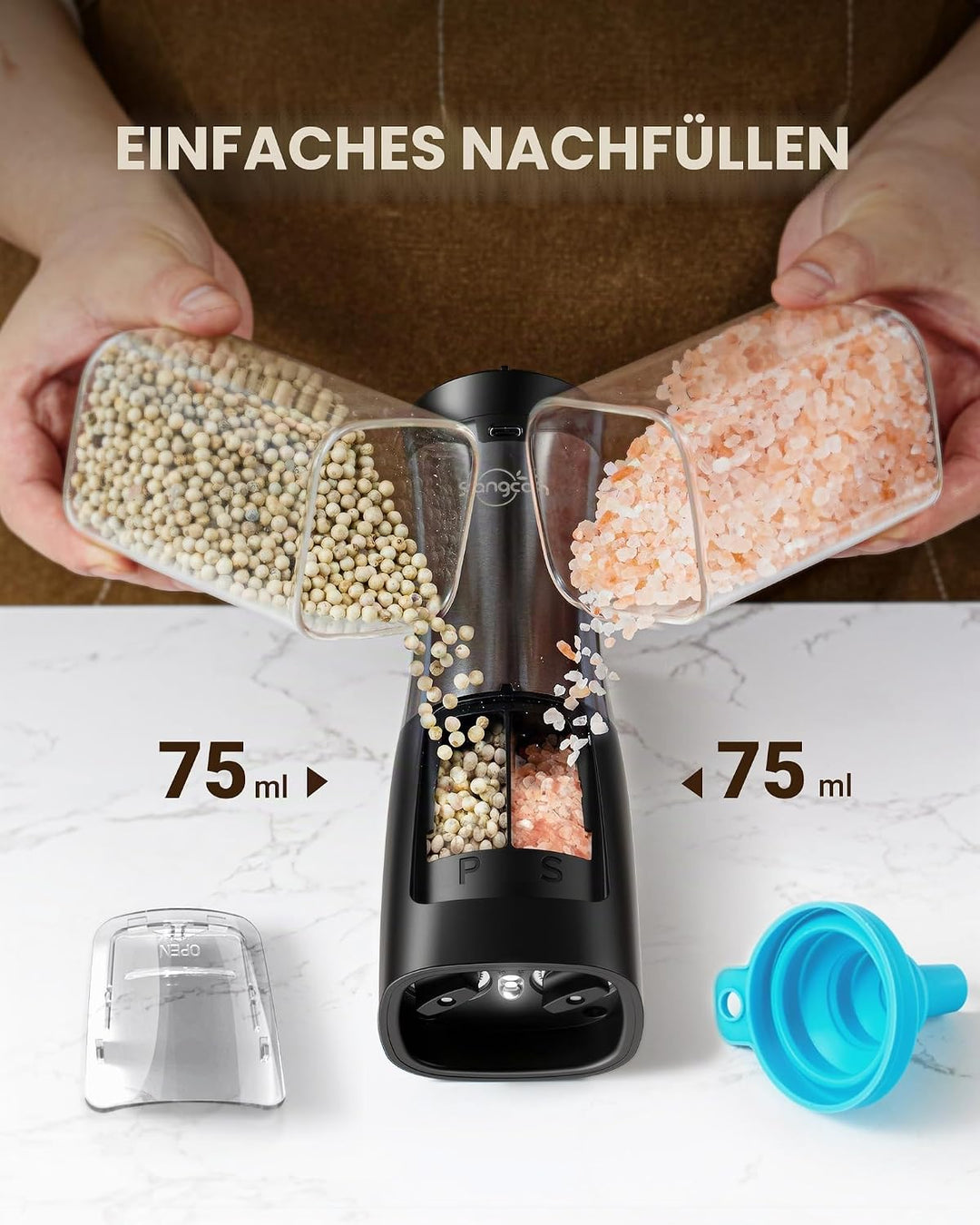 Sangcon 2 in 1 Salz und Pfeffermühle Elektrisch, Pfeffermühle USB-Aufladbarer，Automatische Einhandbe