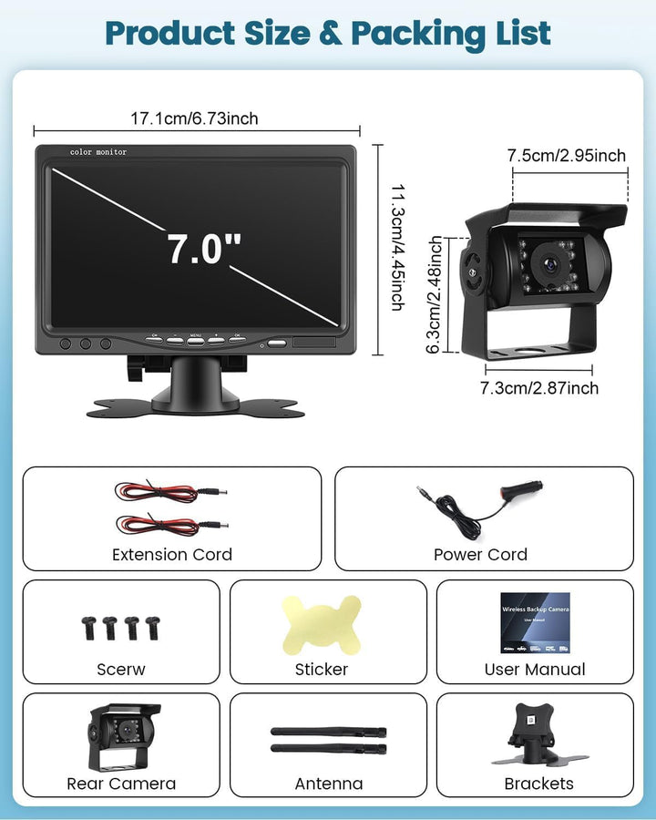 Wireless Reversing Camera Kit mit 7-Zoll-IPS-Bildschirm, Anti-Interferenz, IP68 wasserdichte IR-Nach