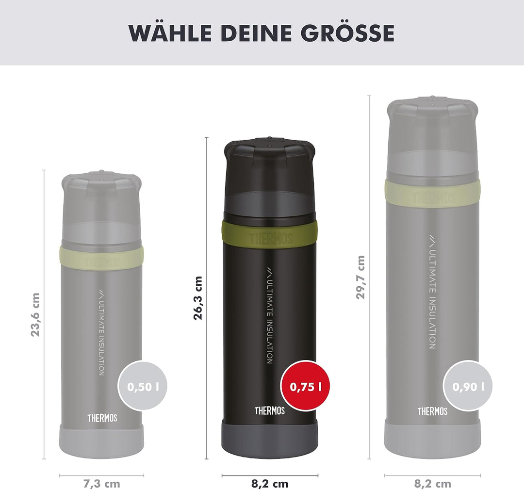 THERMOS MOUNTAIN BEVERAGE BOTTLE 0,75l, black, Thermosflasche Edelstahl mit Trinkbecher, 24 h heiss