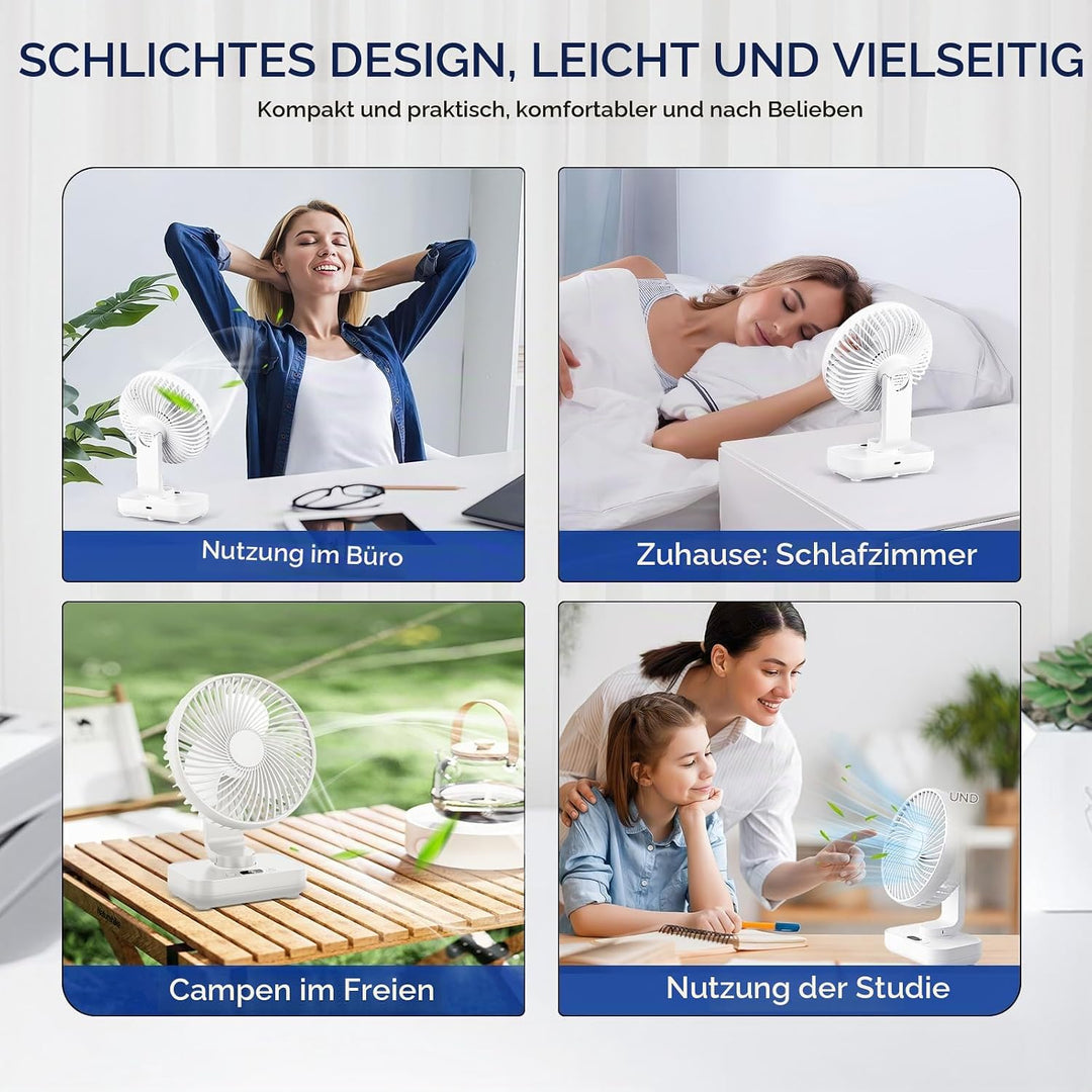 Mini Tischventilator Leiser, 120°Oszillation, 4 Geschwindigkeiten, USB Ventilator mit Akku 4000mAh,
