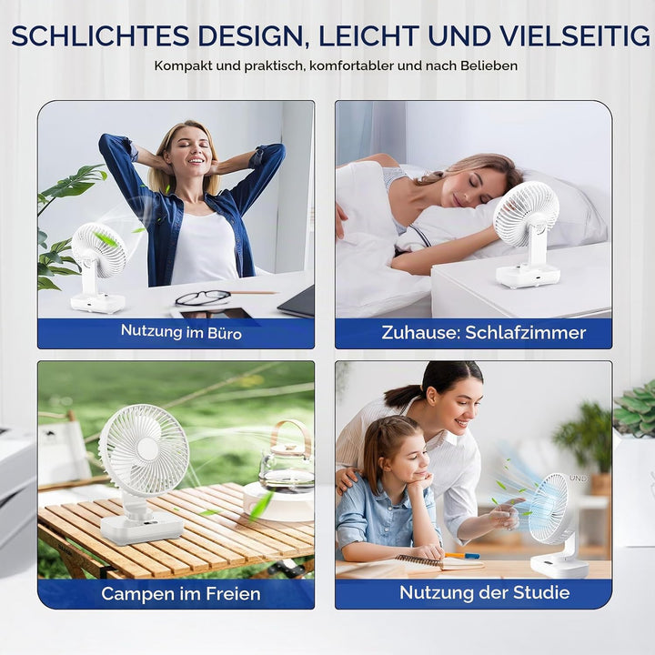 Mini Tischventilator Leiser, 120°Oszillation, 4 Geschwindigkeiten, USB Ventilator mit Akku 4000mAh,