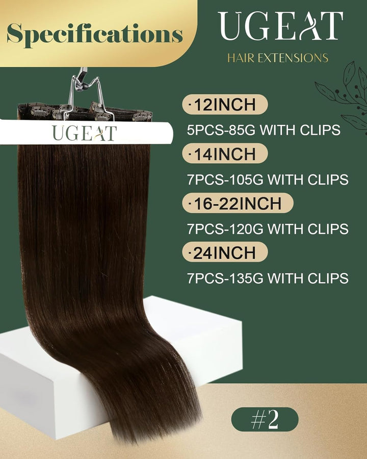 Ugeat Clip in Extensions Echthaar Dunkelbraun Haarverlängerung Echthaar Extensions Haare Natürlich E