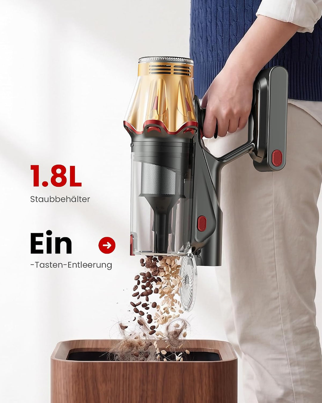 Akku Staubsauger 50KPa/600W/70Min, 1,8L Grosser Staubsauger Kabellos LED Display, Anti-Tangle-Bürste