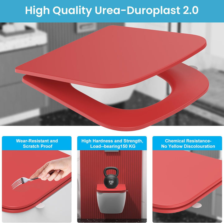WC Sitz mit Absenkautomatik Q-Form Eckig aus Duroplast, Rot, Rot