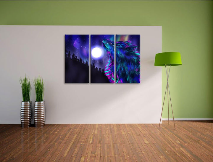 Abstrakter Wolf mit Mond als 3-Teiler Leinwandbild 120x80 Bild auf Leinwand, XXL riesige Bilder fert