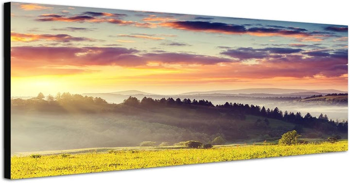 Paul Sinus Art Panoramabild auf Leinwand und Keilrahmen 150x50cm Ukraine Wald Wiesen Wolken Morgenso