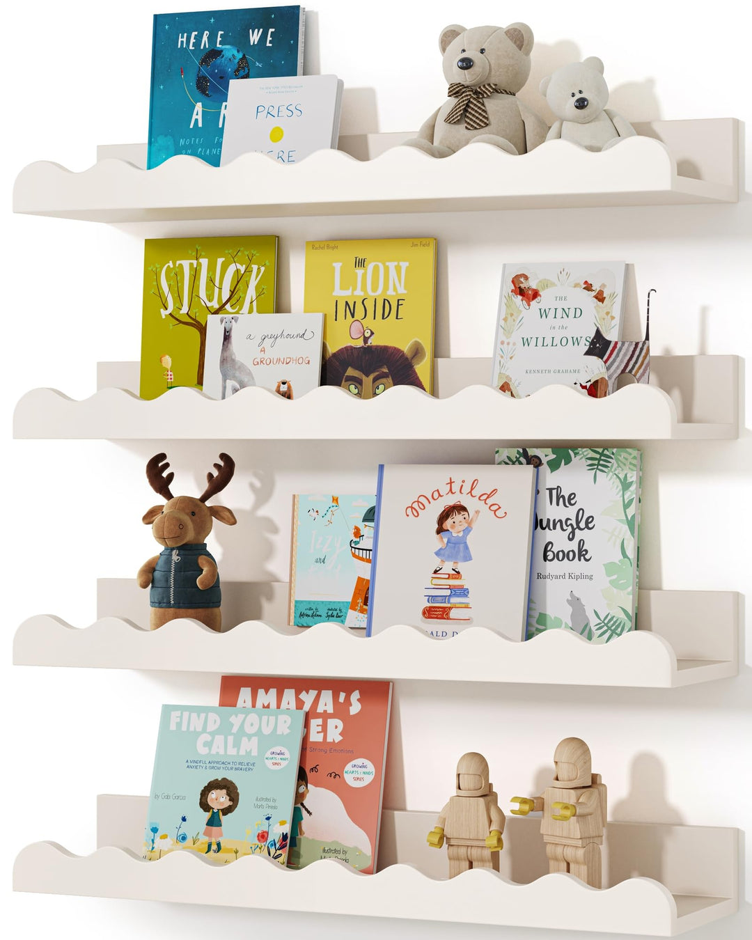 Kids' Bookshelf Set mit 4 weissen Floating Kindergartenbüchern, Bild-Ledge Shelf für Wanddekoration