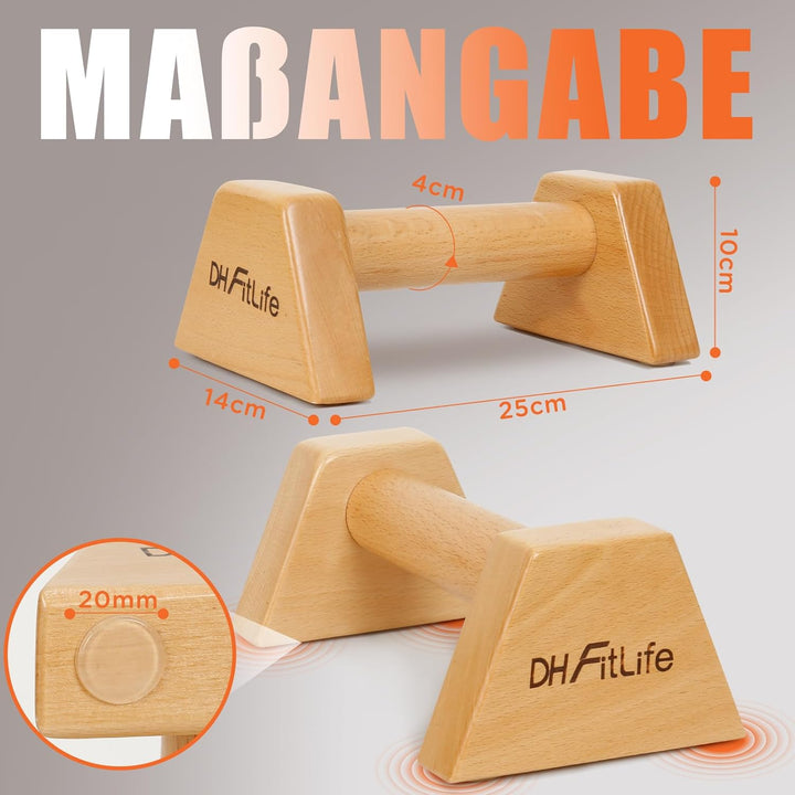 DH FitLife Liegestützgriffe aus Holz - 2x gelenksschonende & rutschfeste Handstand-Griffe | Parallet