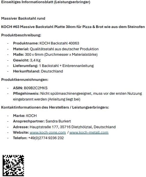 KOCH #63 Backstahl Platte für Brot & Pizza 30cm Stärke 6,0mm - Massives Pizzablech Feuerplatte 3,4 K