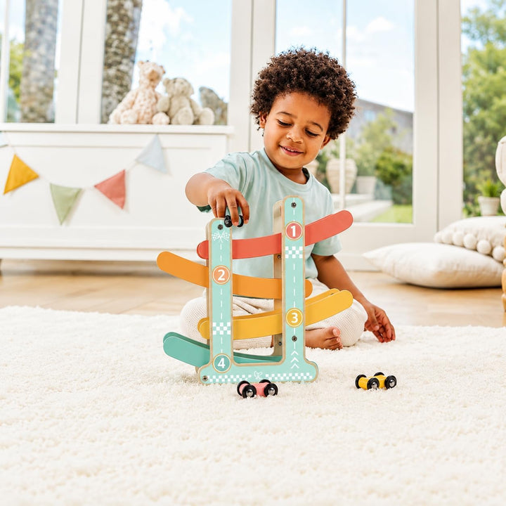 Hape Flickflack Rennbahn aus Holz mit 3 Autos –Limitierte Auflage – Montessori Motorikspielzeug &amp; Au