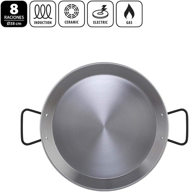 Metaltex - Paella-Pfanne aus poliertem Stahl, Induktion, 8 Rationen, 38 cm Induktion 8 Raciones, Ind