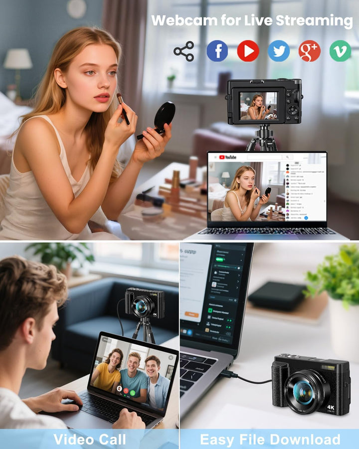 CAMKORY 4K Digitalkamera 48MP Kompaktkamera Fotokamera Autofokus mit 180° Flip-Bildschirm,16X Digita