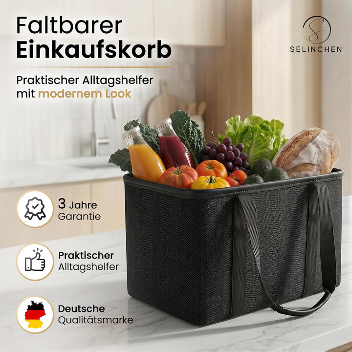 Selinchen® - Premium Einkaufskorb | Hochwertige Einkaufstasche faltbar und mit PU-Ledergriff | Ideal