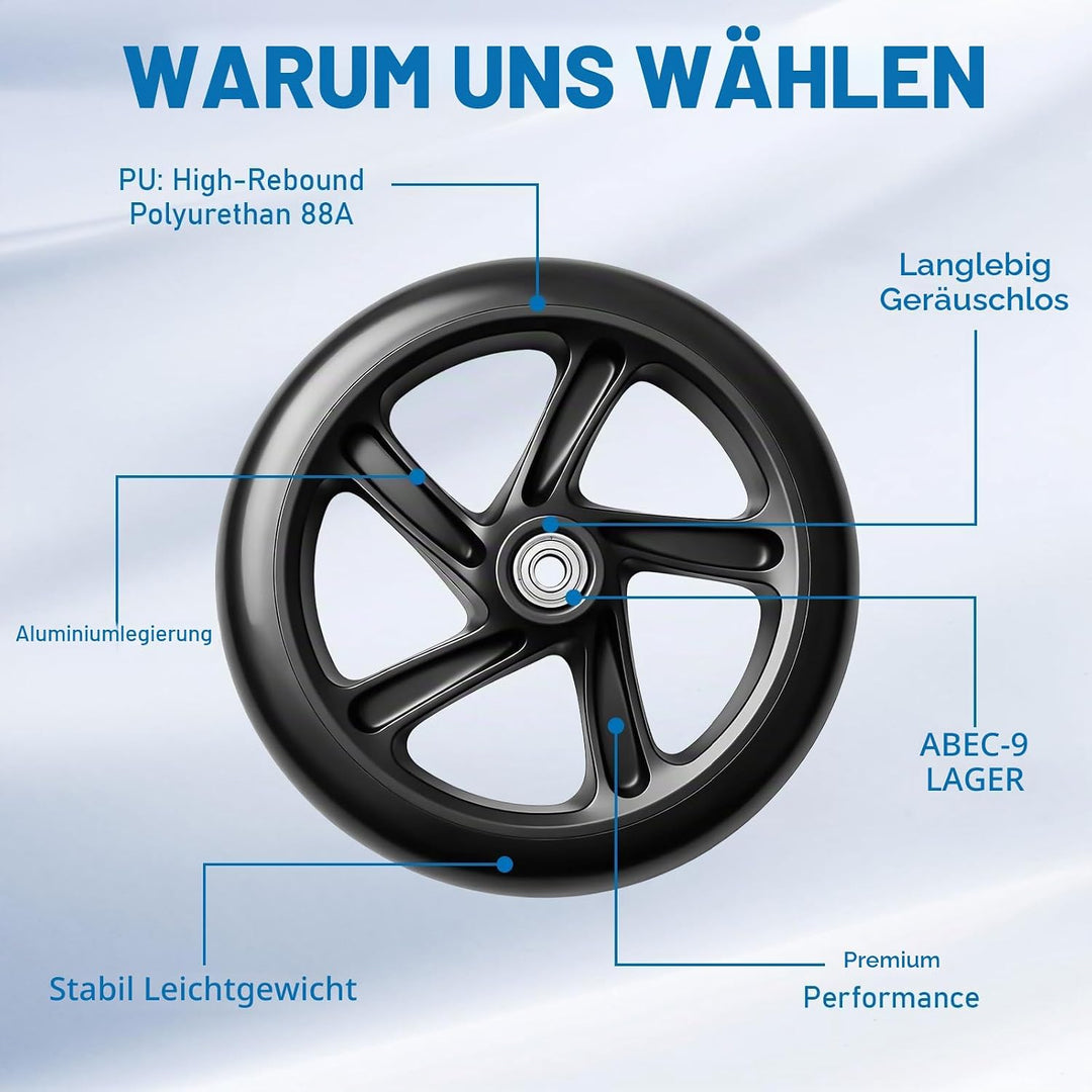 2 Stück 200mm Scooter Rollen, Scooter Ersatzräder mit ABEC-9 Lager Anti-Rutsch Roller Räder, Cityrol