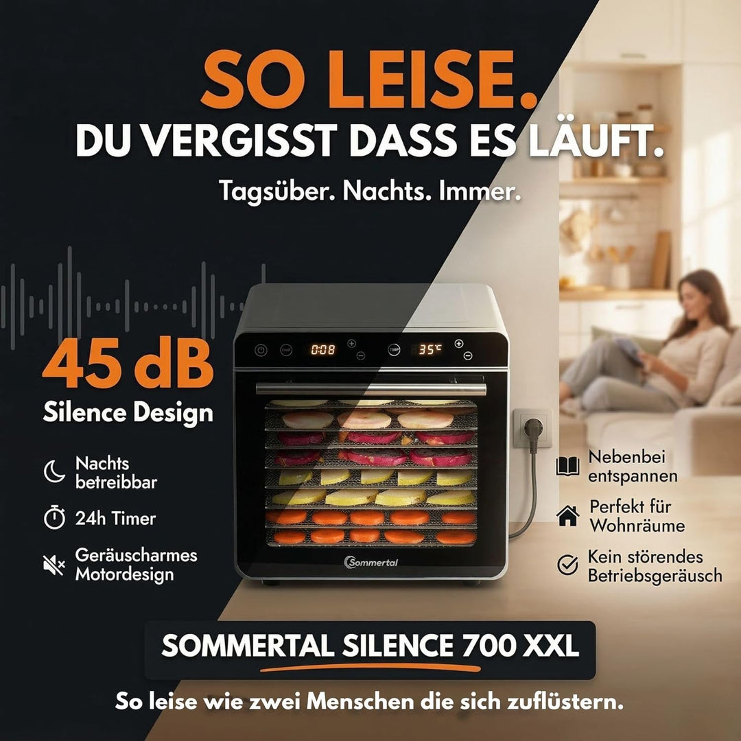 Sommertal Dörrautomat Silence 700 XXL inkl. 8 Edelstahl Dörrgitter, LED-Display, 24h Timer, Temperat
