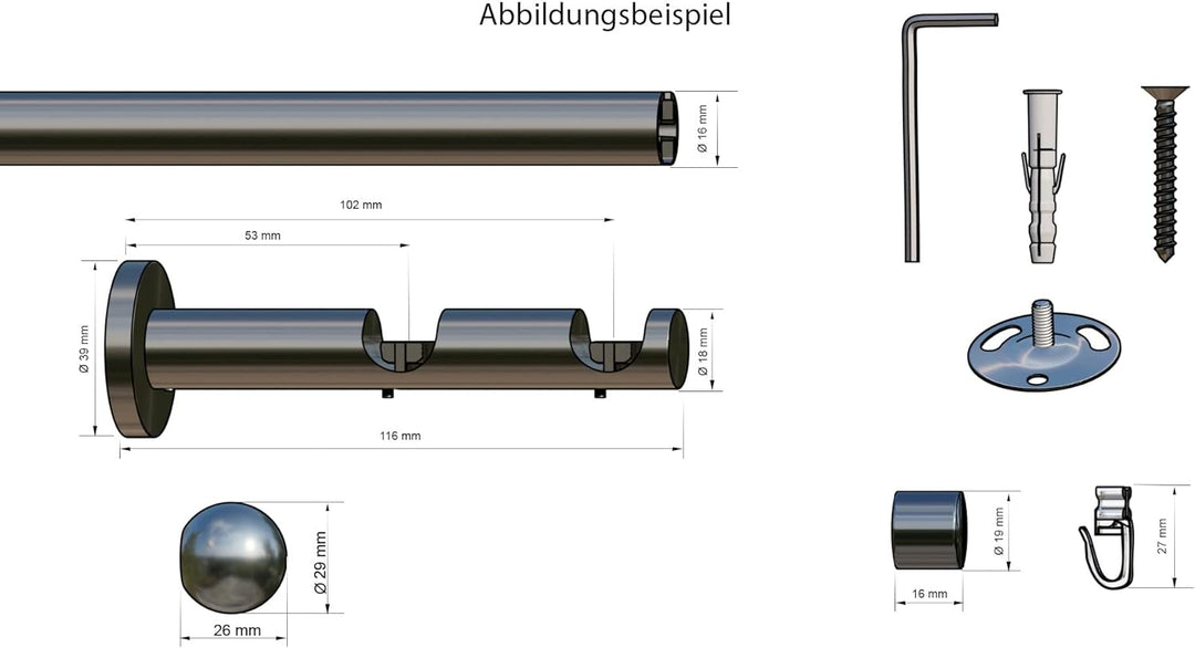 indeko COLUMBES, Gardinenstange mit Innenlauf Ø 16 mm auf Mass, 2-Lauf, edelstahloptik, Komplettset