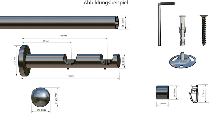 indeko COLUMBES, Gardinenstange mit Innenlauf Ø 16 mm auf Mass, 2-Lauf, edelstahloptik, Komplettset