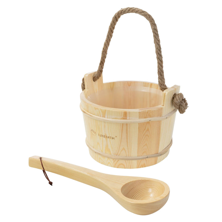 LuxeBath Saunazubehör-Set aus massivem Kiefernholz, Sauna Set 2-tlg, Aufgusskübel mit Kunststoffeins