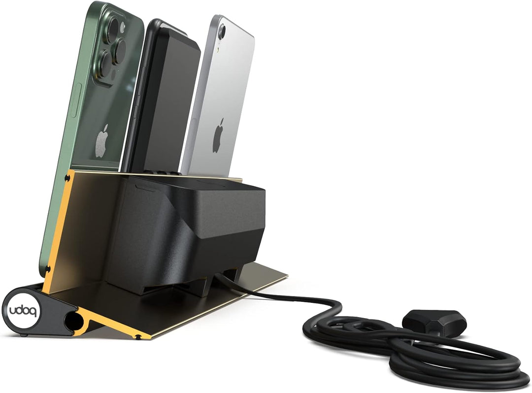 Universal Ladestation für Smartphones Tablets und AirPods, udoq 400, Aluminium, Gold, mit Power Deli