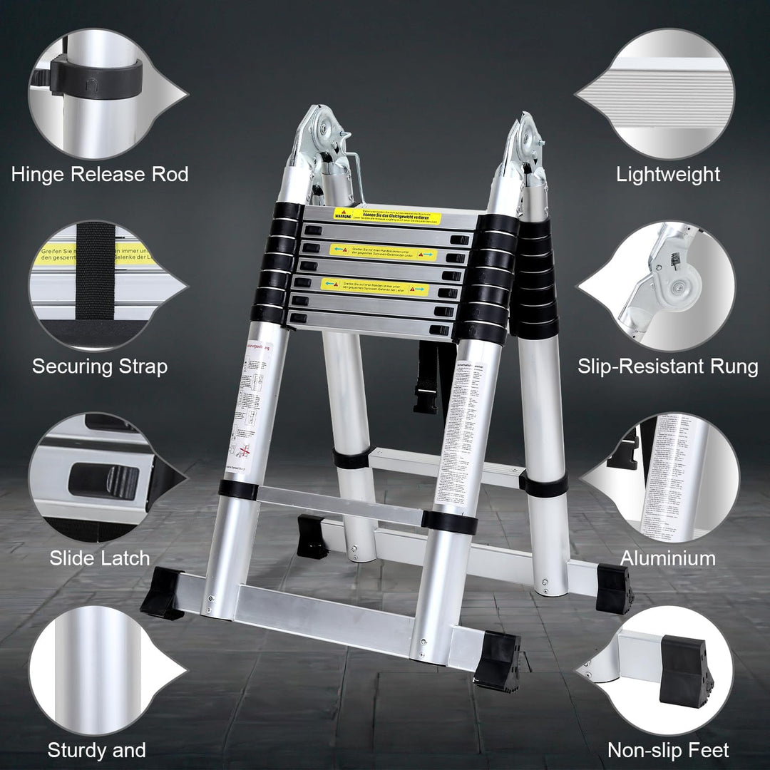 Fiqops 3,8M (1.9+1.9) Teleskopleiter Klappleiter Alu Multifunktionsleiter, Mehrzweckleiter Tragbar A