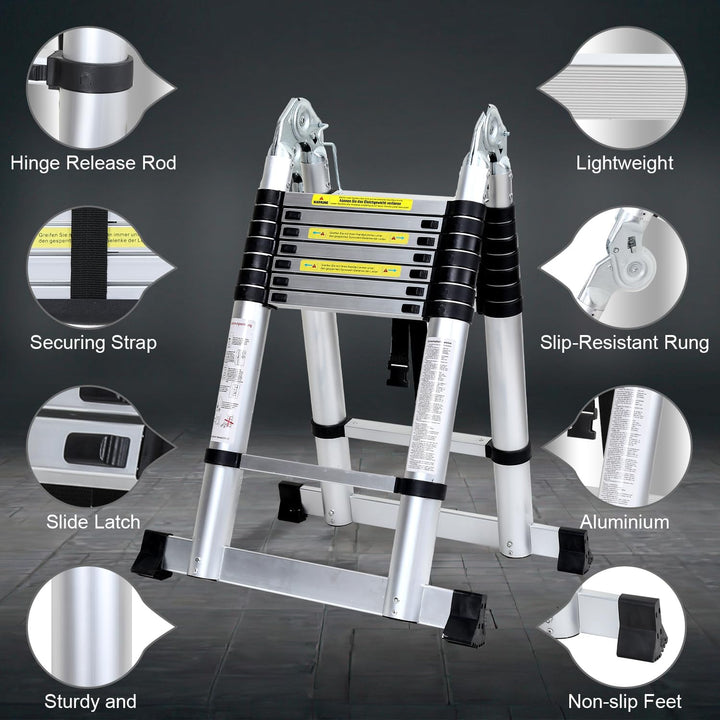 Fiqops 3,8M (1.9+1.9) Teleskopleiter Klappleiter Alu Multifunktionsleiter, Mehrzweckleiter Tragbar A
