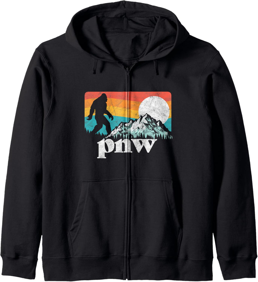 PNW - Pacific Northwest Bigfoot Mountains Retro 80s Graphic Kapuzenjacke