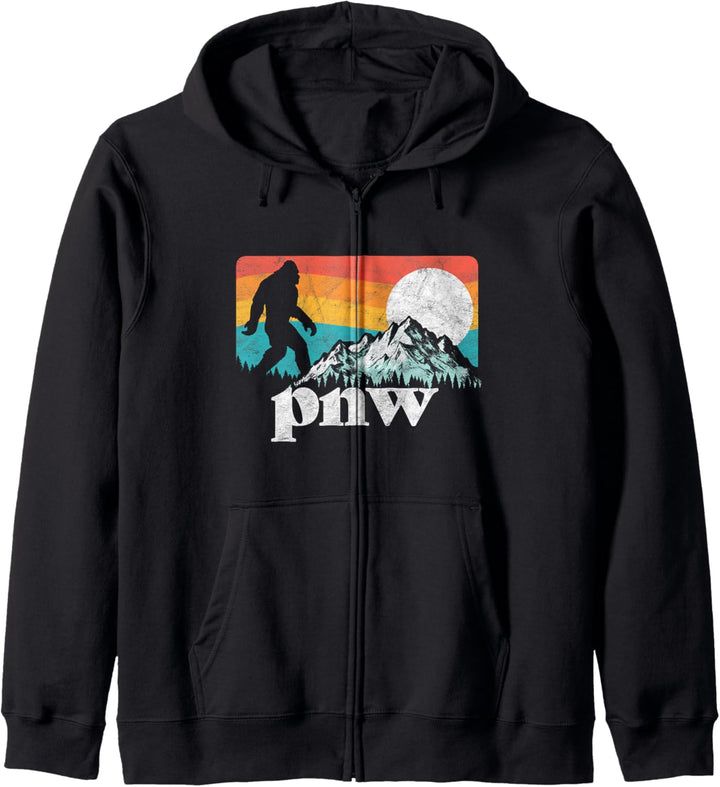 PNW - Pacific Northwest Bigfoot Mountains Retro 80s Graphic Kapuzenjacke