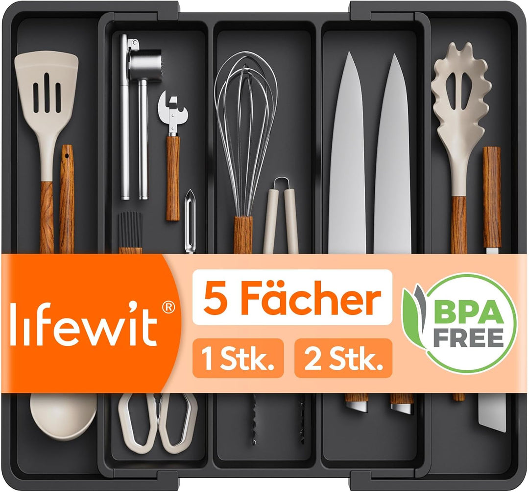 Lifewit Besteckkasten für Schubladen, erweiterbarer grosser Besteckkasten für die Küche, verstellbar
