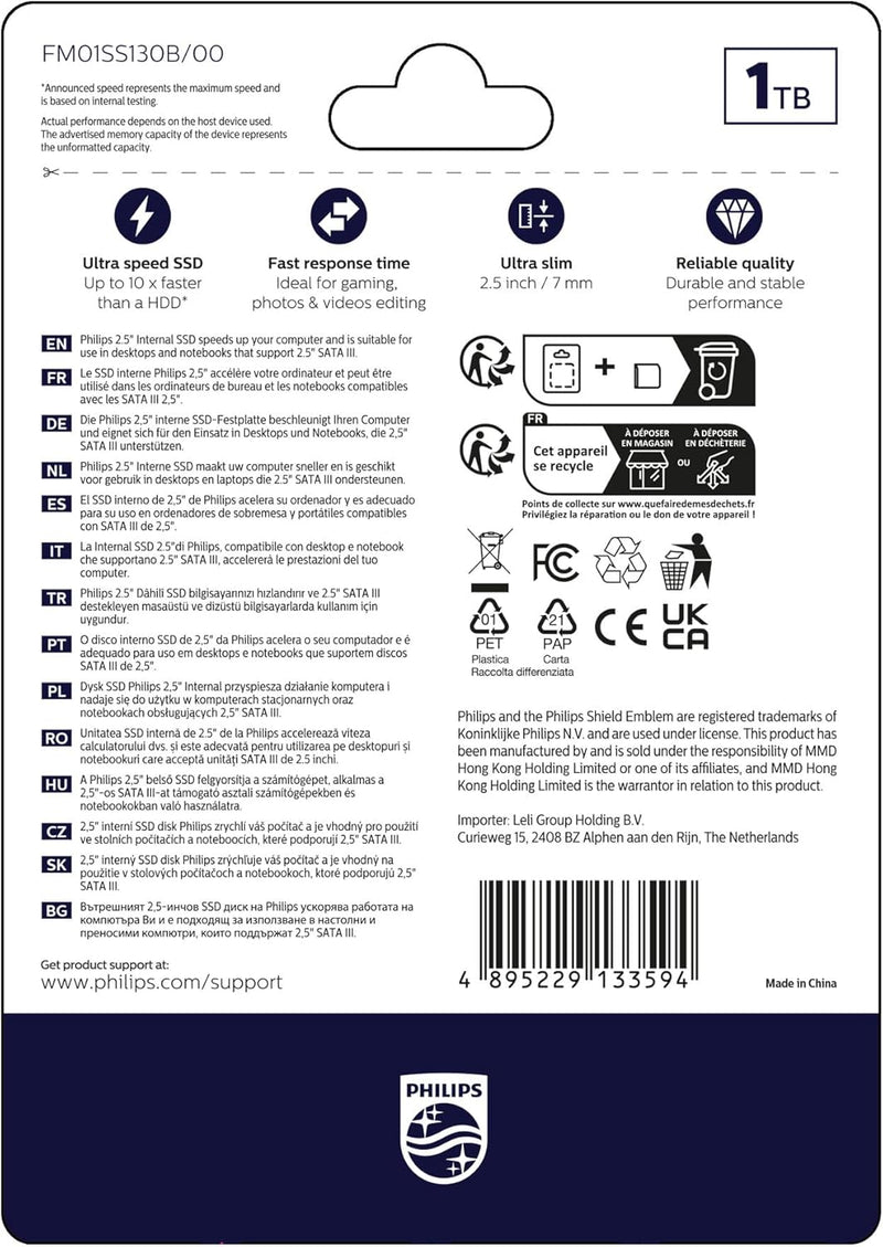 PHILIPS Interne SSD 2.5" SATA III 1 TB S130 Ultra Speed, Lesegeschwindigkeit bis zu 550 MB/s 1 TB Sa