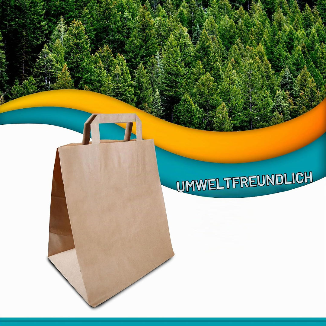250 Stück Commerline Papiertüten Braun 26+20x28 cm | Kraftpapier Tüten Klein Mit Henkel | Tragetasch