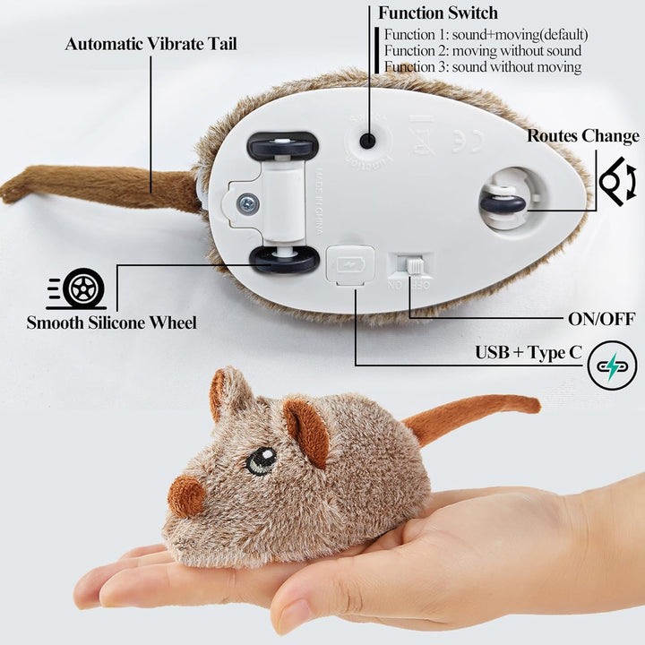 Vealind Katzenspielzeug Wiederaufladbare Maus mit Wackelschwanz, lebensechtes Quietschen Zwitschern