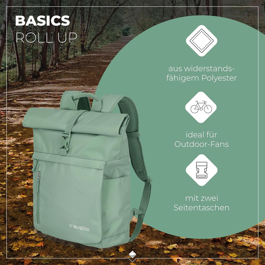 Travelite Handgepäck Rucksack, Laptop Rucksack 15,6 Zoll, BASICS, Reiserucksack Rolltop Funktion, 60