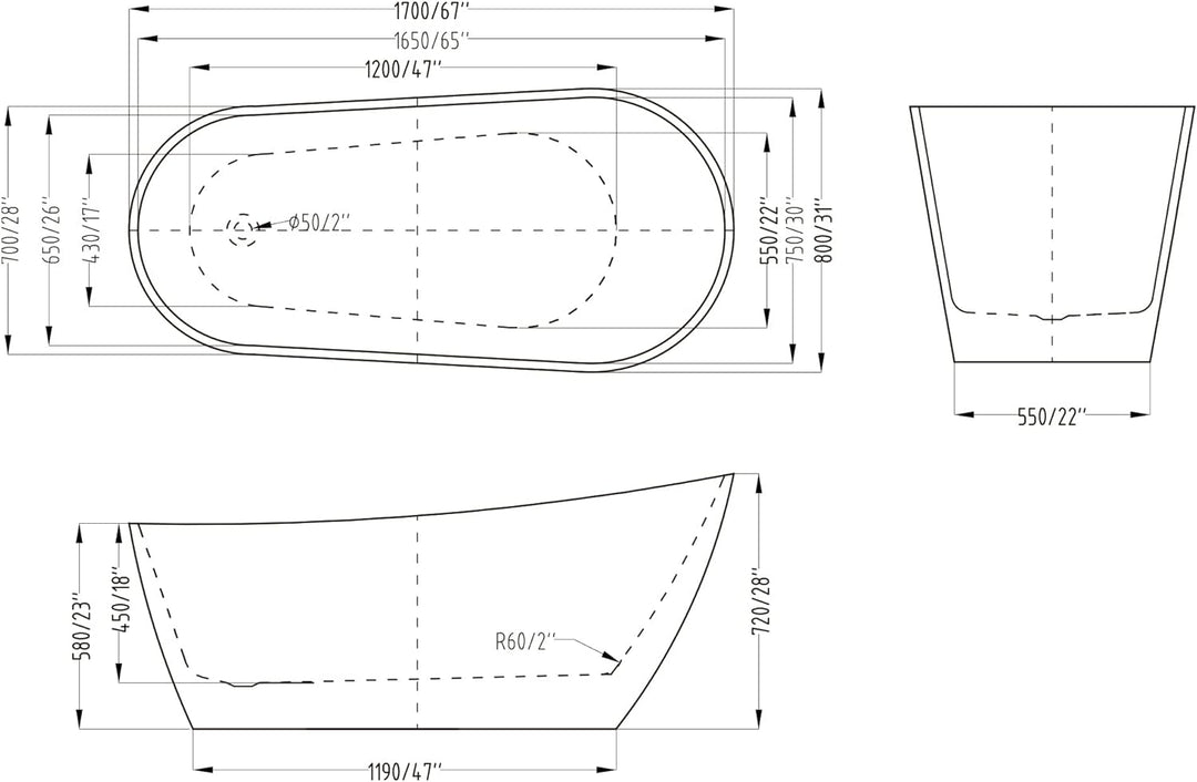 Mai & Mai freistehende Acryl-Badewanne Oval Standbadewanne Weiss inkl. Push-Open Ablaufgarnitur Brei