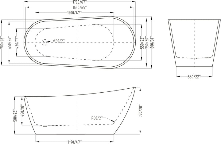 Mai & Mai freistehende Acryl-Badewanne Oval Standbadewanne Weiss inkl. Push-Open Ablaufgarnitur Brei