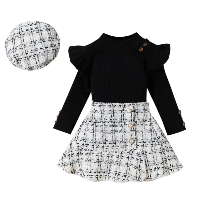 Kleinkind Baby Mädchen Kleidung Langarm Gerippte Oberteile Plaid Tweed Muster Rock Baskenmütze Herbs