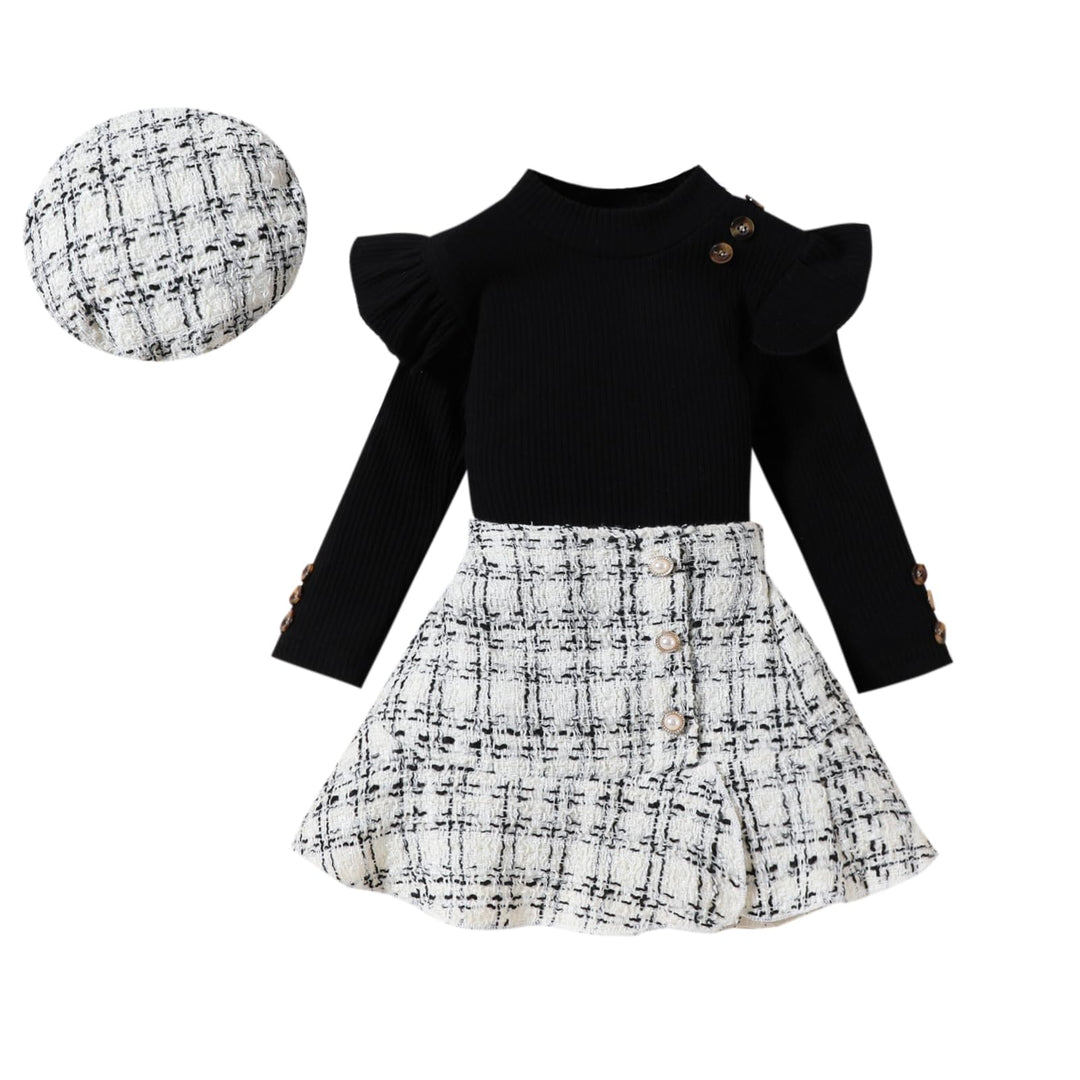 Kleinkind Baby Mädchen Kleidung Langarm Gerippte Oberteile Plaid Tweed Muster Rock Baskenmütze Herbs