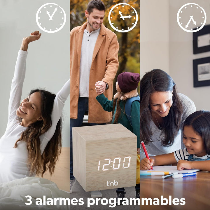T'NB - Moderner digitaler Wecker aus Holz, multifunktionaler LED-Wecker, digitale Uhr mit Zeitanzeig