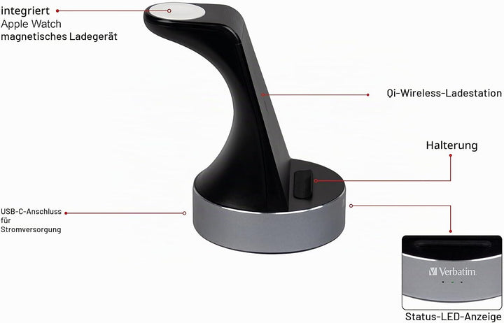 Verbatim 2-in-1 Qi MFi Wireless Charger WCS-01, für iPhone, Apple Watch &amp; Qi-fähige Geräte, Handy St