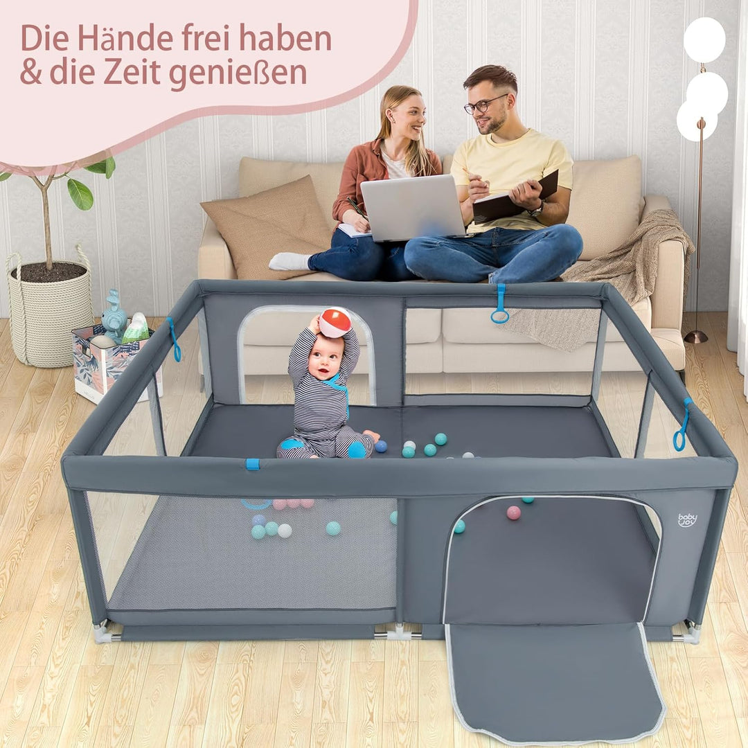 GOPLUS 200x180cm Baby Laufstall, Laufgitter mit Matratze, 4 Handringe & 50 Spielbällen, Krabbelgitte