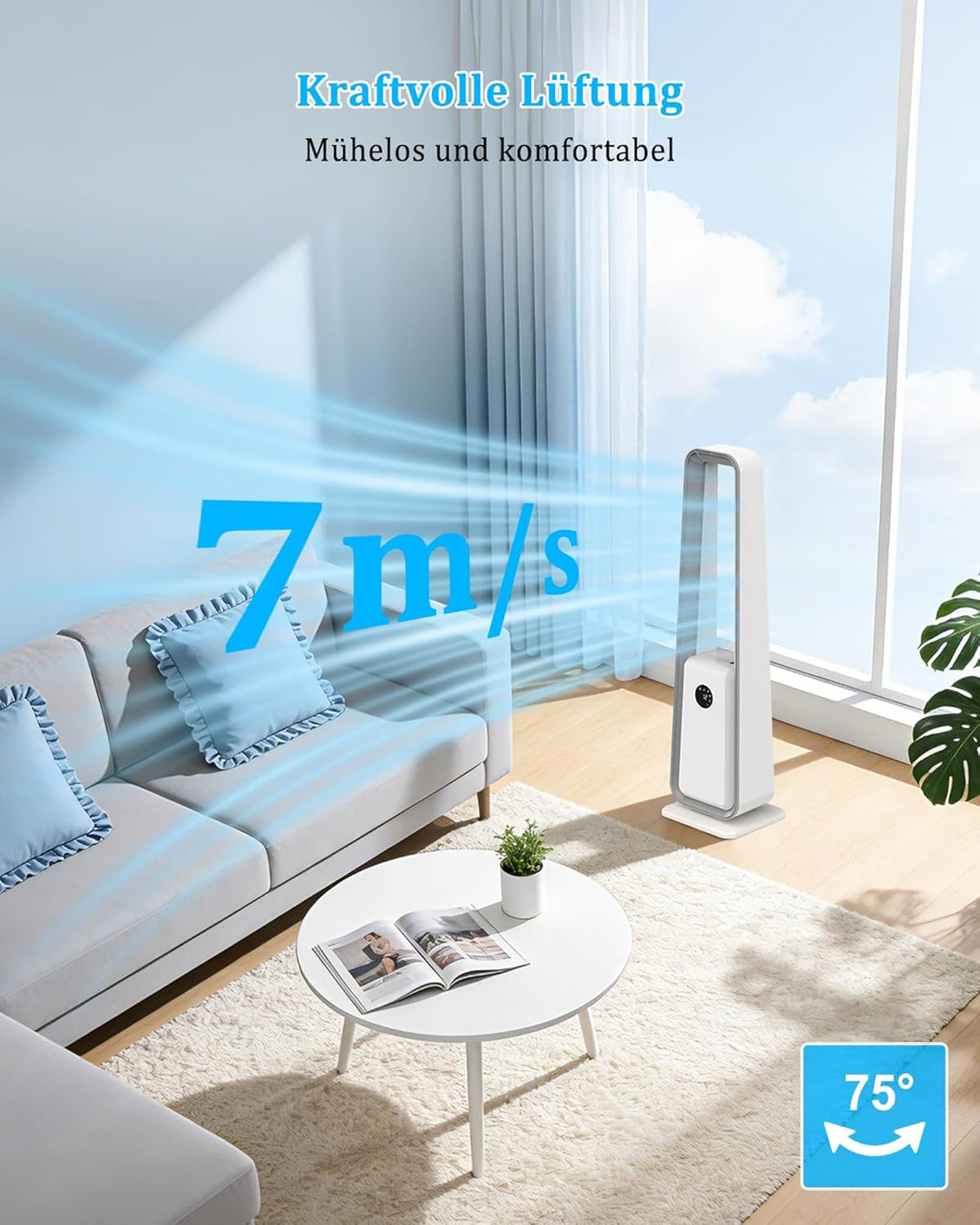 Rotorloser Ventilator,Turmventilator sehr Leise,3 Geschwindigkeiten,75°Oszillation,12H Timer,LED-Anz