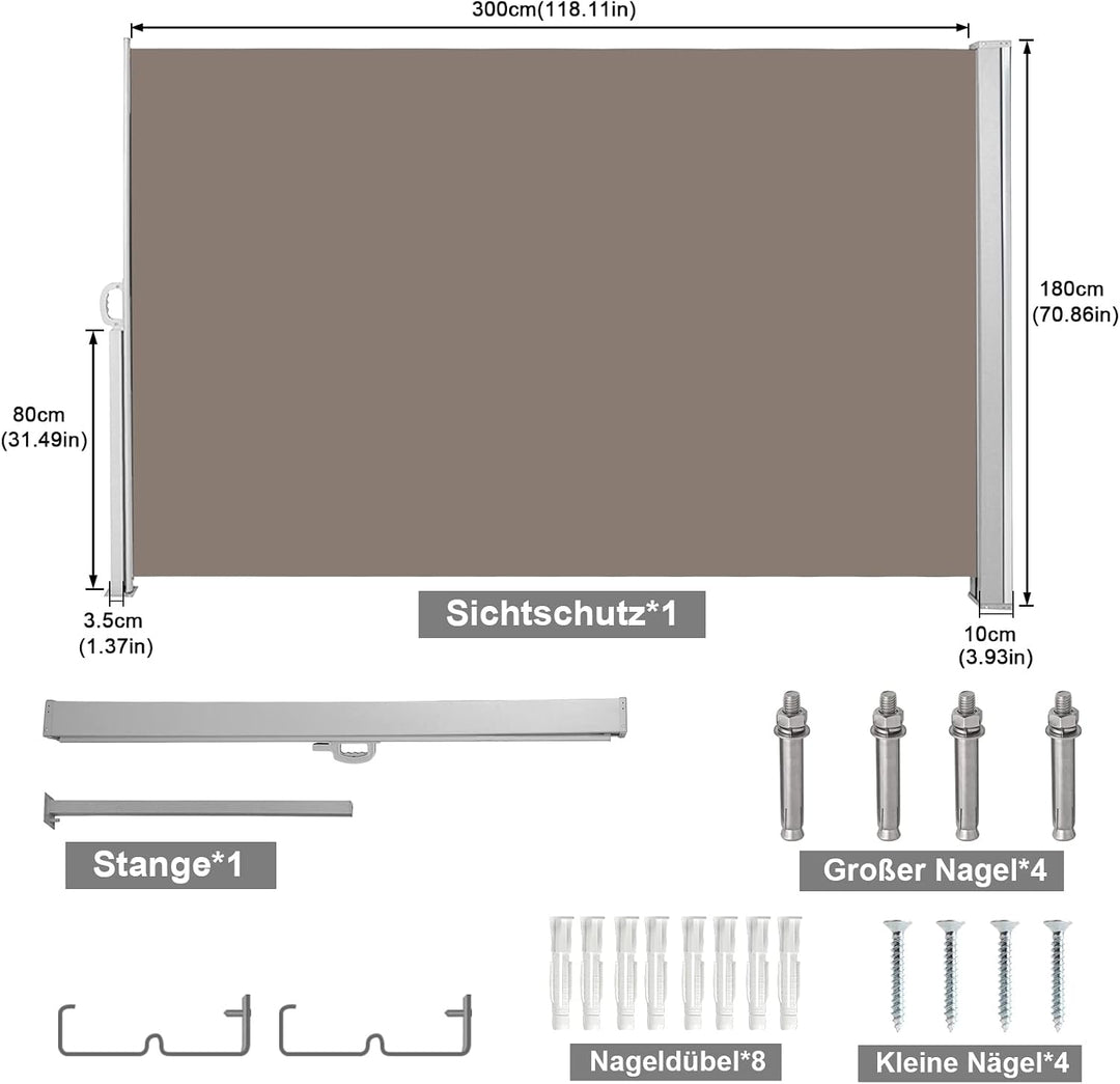 Seitenmarkise,Sonnenschutz Markise Brau,160 x 300 cm Sichtschutz für Balkon, Garten, Terrasse Brau 1