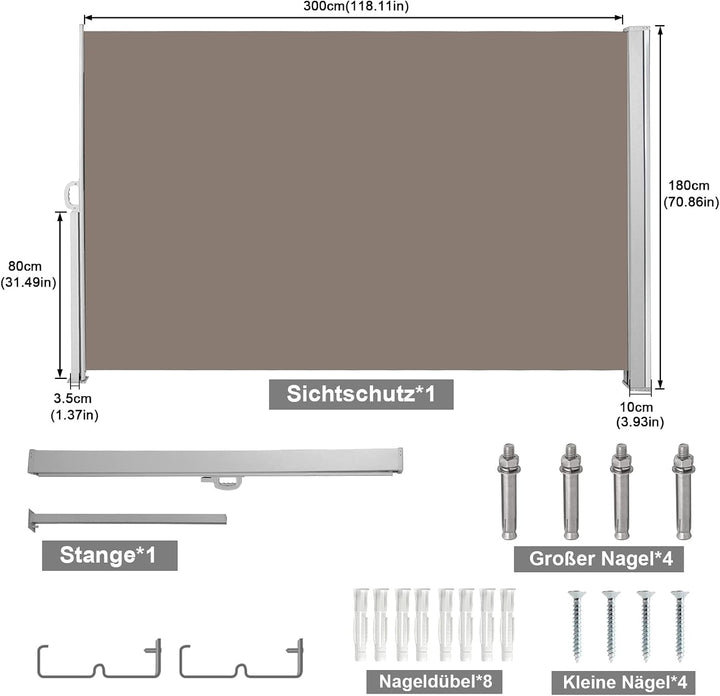 Seitenmarkise,Sonnenschutz Markise Brau,160 x 300 cm Sichtschutz für Balkon, Garten, Terrasse Brau 1