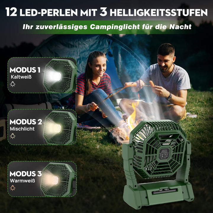 Multper Campingventilator mit LED-Licht, 10000 mAh Wiederaufladbarer Outdoor Zeltventilator mit Hake