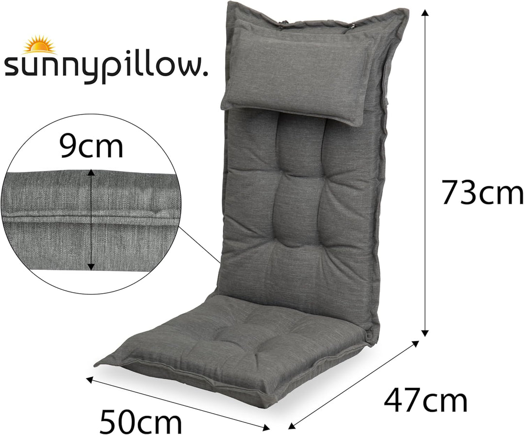 sunnypillow 2 Stück Gartenstuhlauflagen mit abnehmbarem Kopfpolster - 120 x 50 x 9cm - Stuhlauflagen