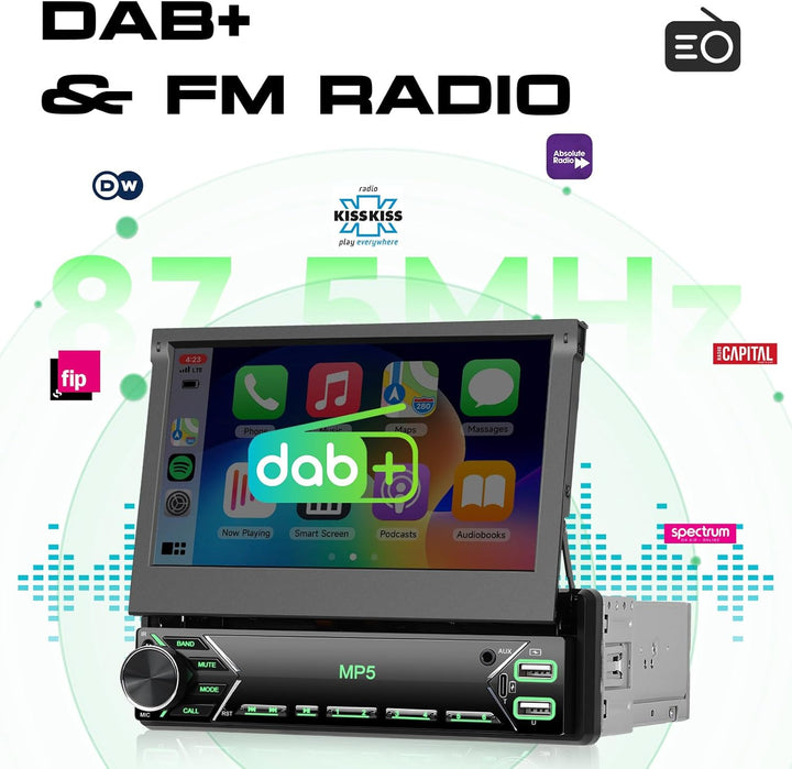 DAB Autoradio 1 Din mit 7 Zoll Bildschirm Ausfahrbar, Hodozzy 1 Din Flip Out Touchscreen Autoradio m