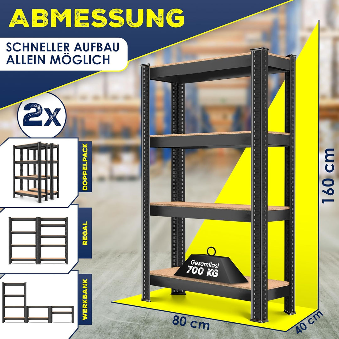 MASKO® 2er-Set Lagerregal Schwerlastregal, Kellerregal, 160 x 80 x 40 cm, bis 700kg belastbar, 4 ver